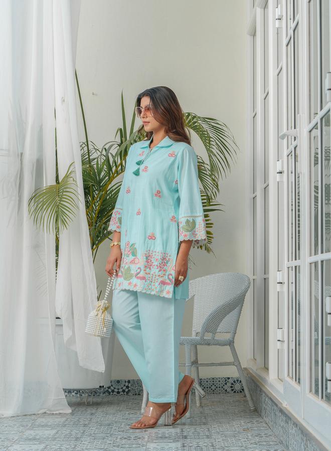 دي دبليو طقم منسق من قميص مطرز وبنطال للنساء - Image 2